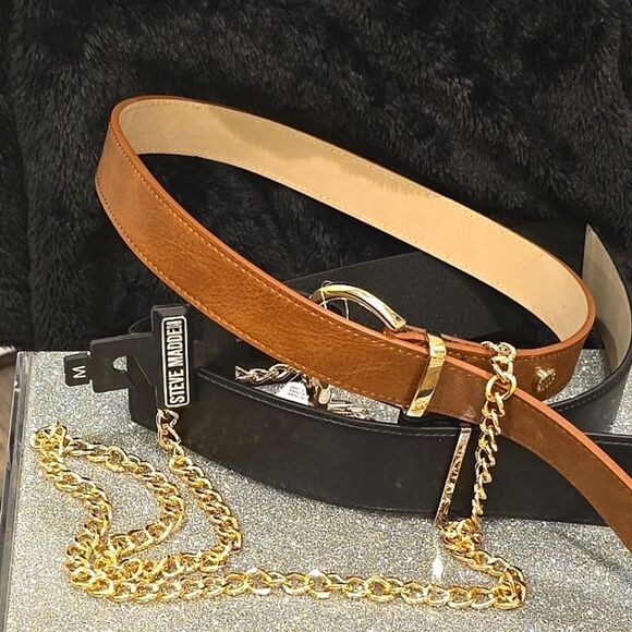 Steve Madden 3-Piece Stretch, Chain Link, & Logo Belt Set